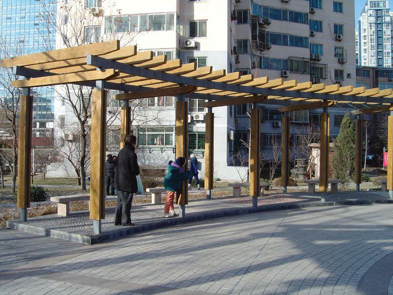 弧形双柱钢木花架5800 帖子ID:974-木图网-木结构之家 www.woodpic.cn