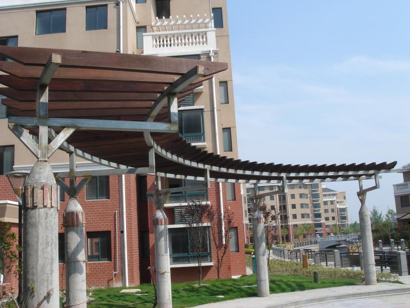 弧形双柱钢木花架2240 帖子ID:974-木图网-木结构之家 www.woodpic.cn